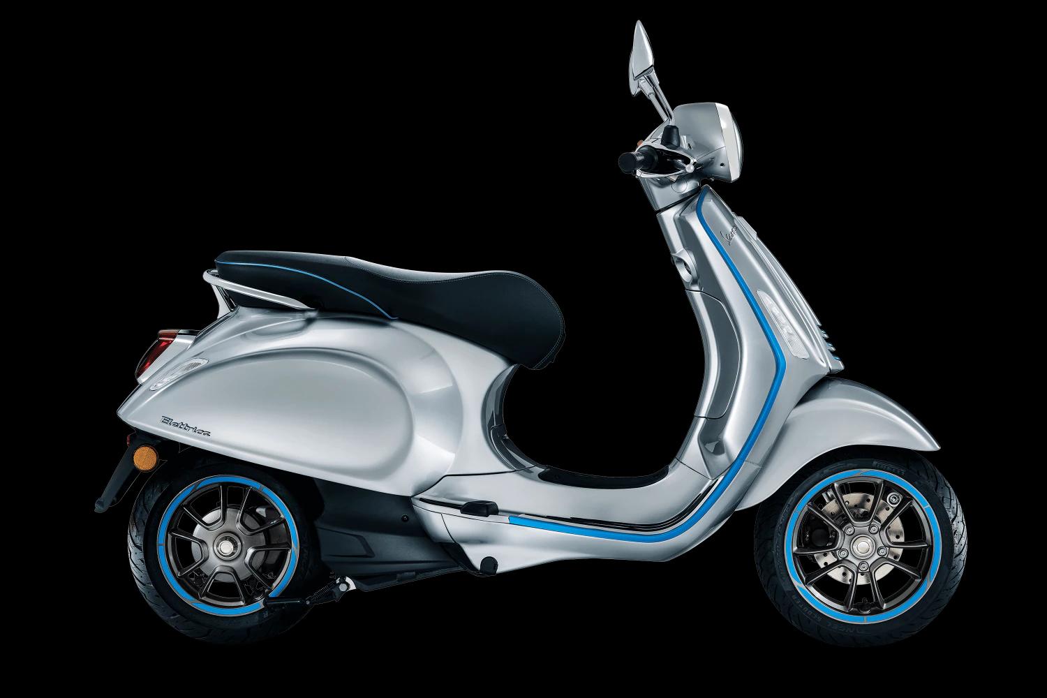 Vespa Elettrica 70 km/h gris et bleu, profil  droit