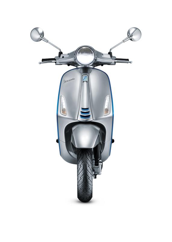 Vespa Elettrica 45 km/h gris et bleu, face