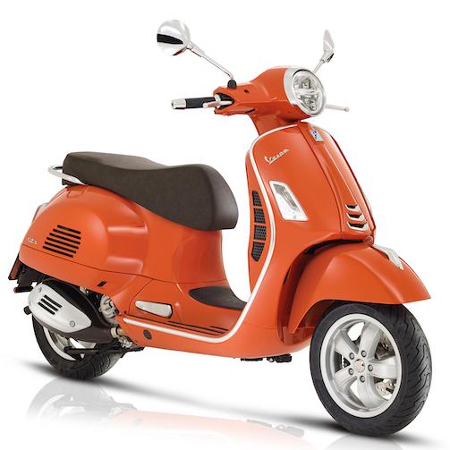 Vespa GTS 300 HPE orange, 3 quart face droite